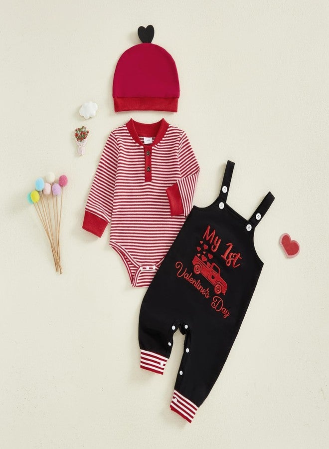 Mobbdow My First Valentines Day Baby Boy Outfit Newborn Long Sleeve Striped Waffle Romper Overalls Pants Hat 3Pcs Clothes Set (A-Red Black, 9-12 Months) - Image 5