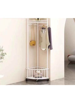 AIWANTO Corner Coat Rack with Wheels Freestanding Closet Organizer 2 Storage Shelves Hall Tree Metal for Entryway Bedroom Garment Rack 160x59x46cm White  - Image 2