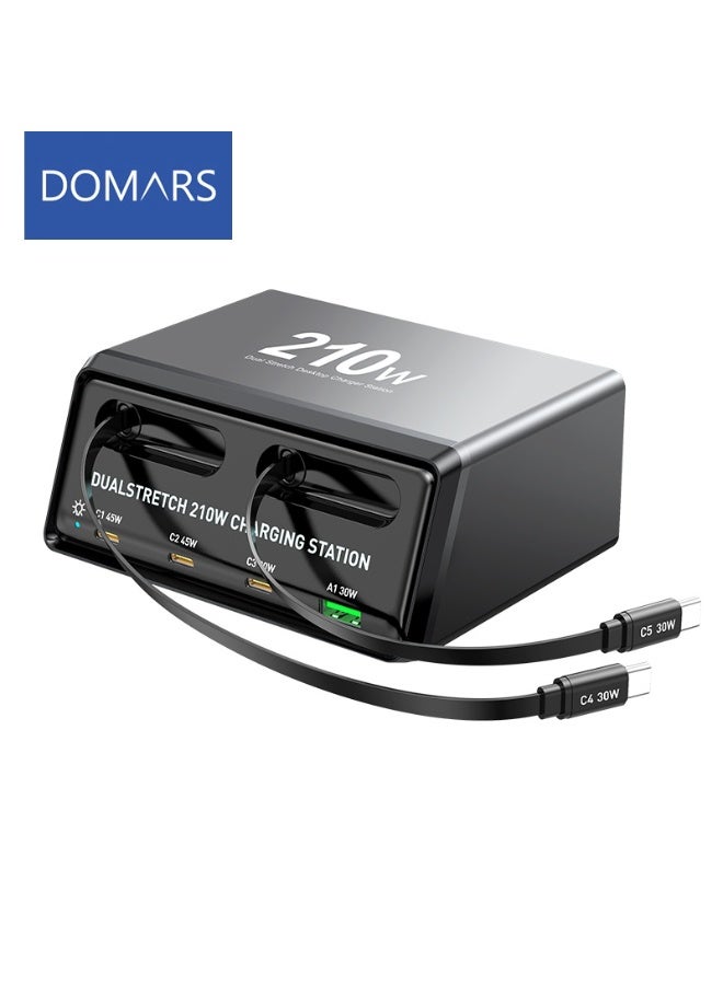 Domars 210W 6-in-1 Retractable Gan Charger Plug for iPhone 17 USB C,Travel Essentials Brick Multiport 2 Type C Cables 2.3ft ,45W 30W Fast Charging Foldable Block for iPhone 17 Pro/16/15/14/13,iPad,for Samsung Galaxy S25 S24 S23 - Image 1