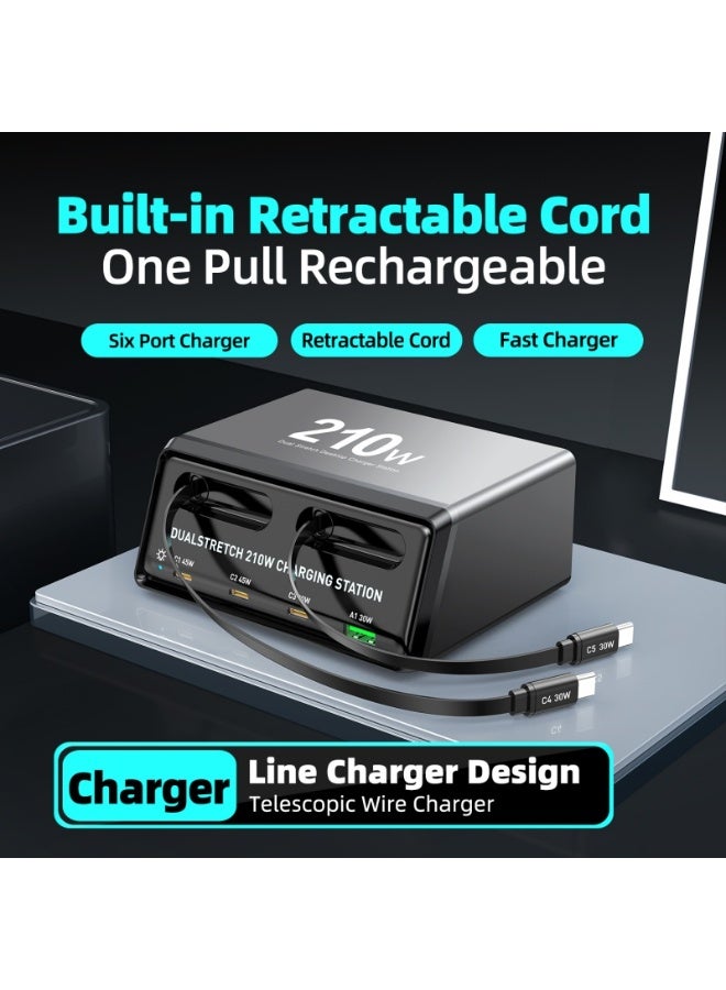 Domars 210W 6-in-1 Retractable Gan Charger Plug for iPhone 17 USB C,Travel Essentials Brick Multiport 2 Type C Cables 2.3ft ,45W 30W Fast Charging Foldable Block for iPhone 17 Pro/16/15/14/13,iPad,for Samsung Galaxy S25 S24 S23 - Image 3