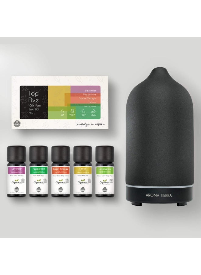 Aroma Tierra - Gift Set - Santorini Ceramic Diffuser Dusk & Top 5 Essential Oils - Image 1