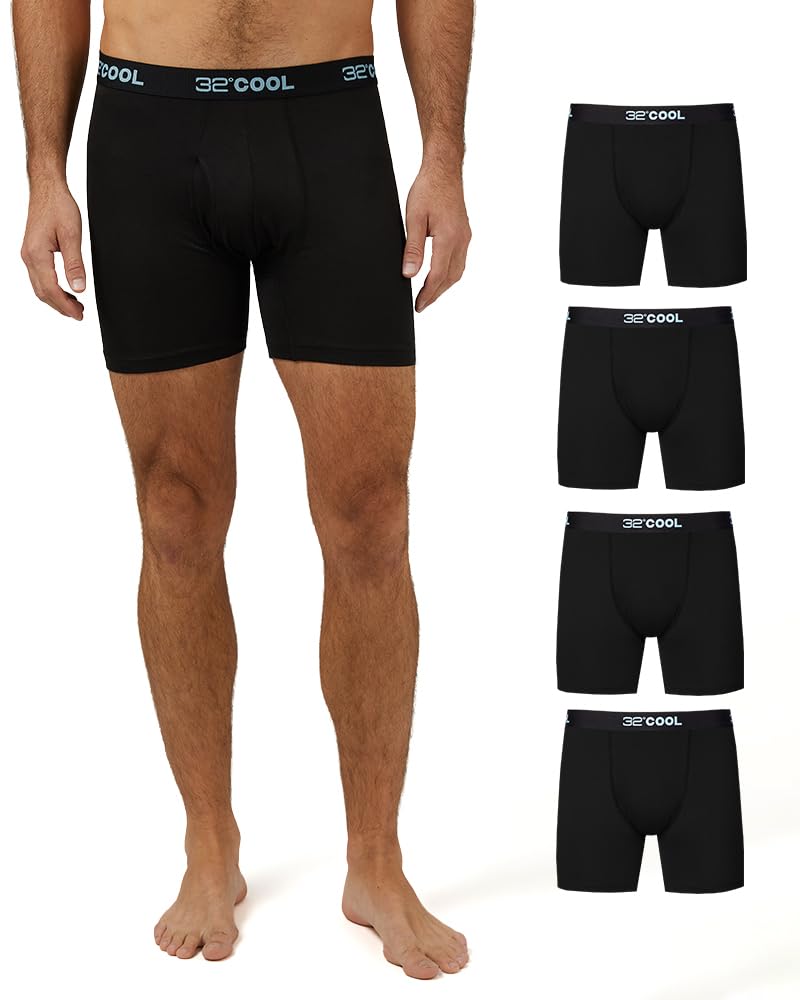 32 Degrees 32º DEGREES COOL Mens 4-PACK Quick Dry Performance Boxer Brief With Comfort Elastic Waistband, 4 Black, Medium - Image 1