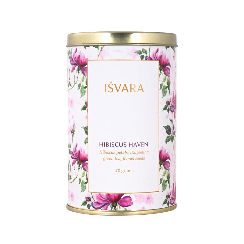 ISVARA, Hibiscus Green Tea - Hibiscus Haven, Pure herbal tea blend, Hibiscus, Darjeeling Green tea & Fennel, Improves digestion, 70g - Image 1