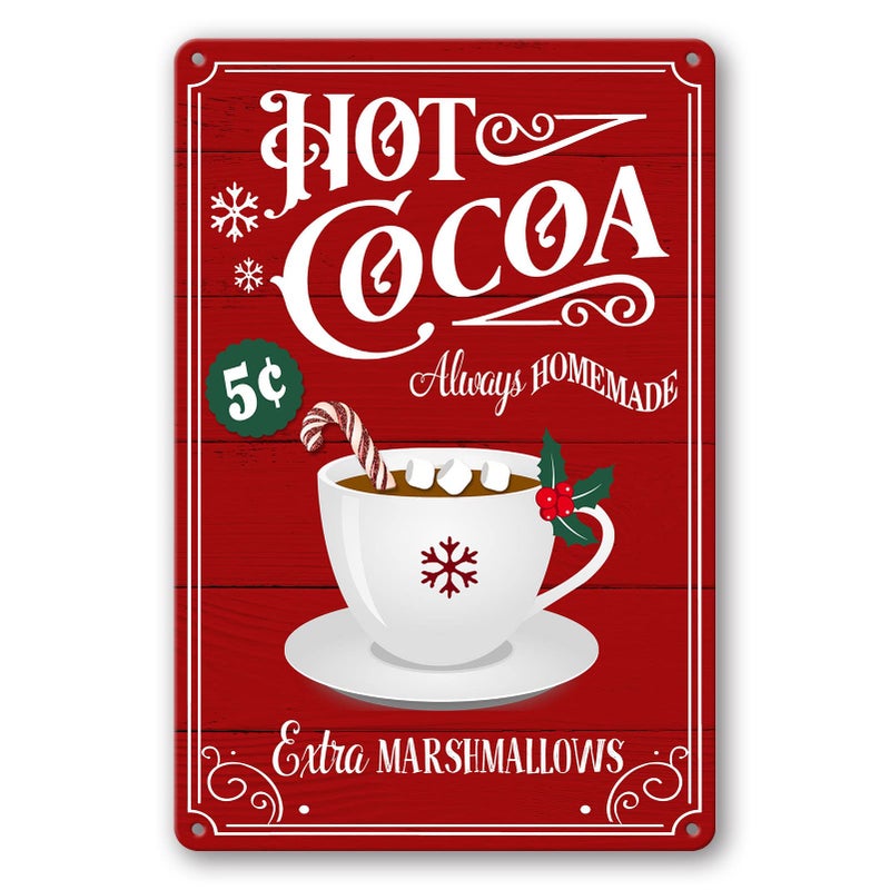 sebiuo Christmas Signs Hot Cocoa Bar Metal Tin Sign Decor For Home Vintage Christmas Coffee Cocoa Sign Hot Chocolate Bar Sign Wall Decorations Gifts 8x12 Inch - Image 1