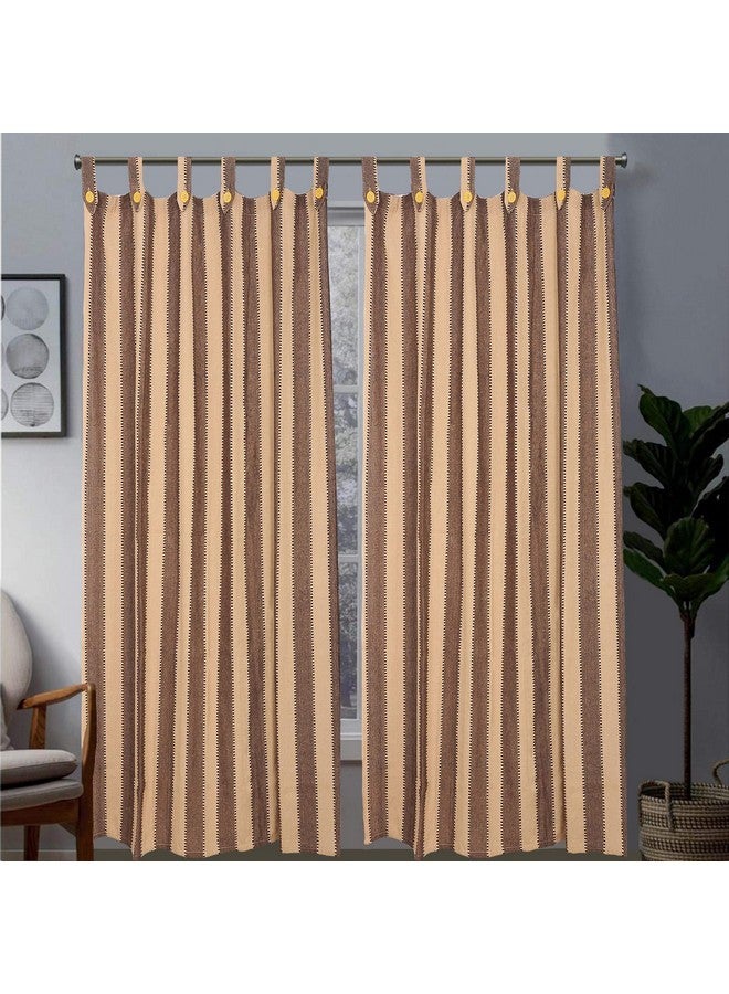alemah Cotton Fabric Striped Button Type Loop Window Tab Top Semi Sheer Curtains (5 Feet) Brown Pack Of 2 - Image 1