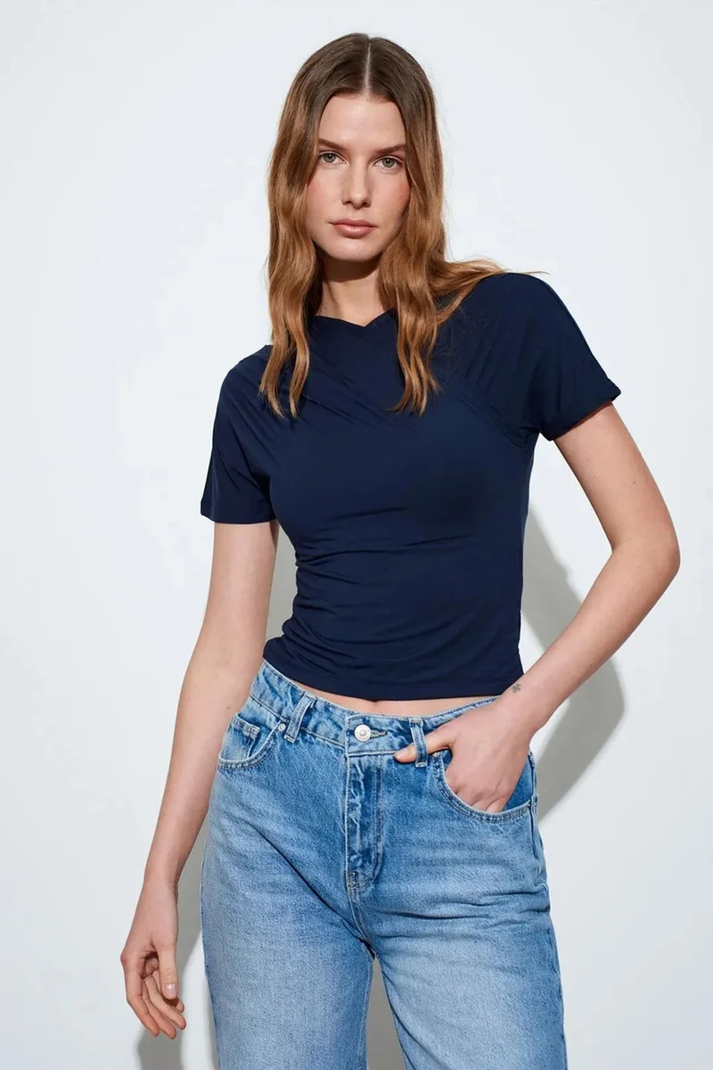 DILVIN Slim Fit V-Neck Jersey Blouse
