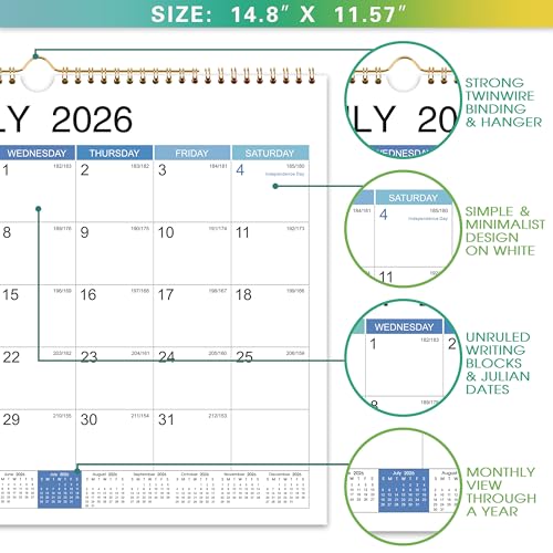 Feteulo 2026 Wall Calendar - Jan 2026 - Dec 2026, 2026 Calendar, 15" x 11.5", Spiral Binding, Yearly Overview, Holidays, Large Blocks, Perfect Organizer for Home & Office - Image 3