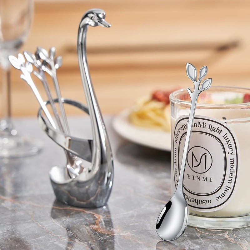 AnSaw Silver Small Coffee Spoon Holder Set,Swan Base With 10 Pcs Demitasse Espresso Spoons Set,4.7" Mini Leaf Dessert Spoon,Stainless Steel Tea Spoons - Image 4