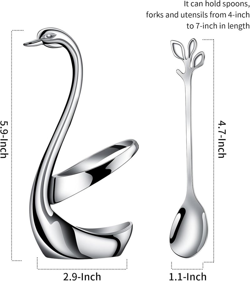 AnSaw Silver Small Coffee Spoon Holder Set,Swan Base With 10 Pcs Demitasse Espresso Spoons Set,4.7" Mini Leaf Dessert Spoon,Stainless Steel Tea Spoons - Image 2