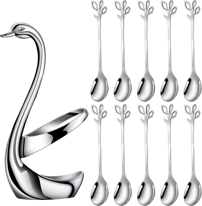 AnSaw Silver Small Coffee Spoon Holder Set,Swan Base With 10 Pcs Demitasse Espresso Spoons Set,4.7" Mini Leaf Dessert Spoon,Stainless Steel Tea Spoons - Image 1