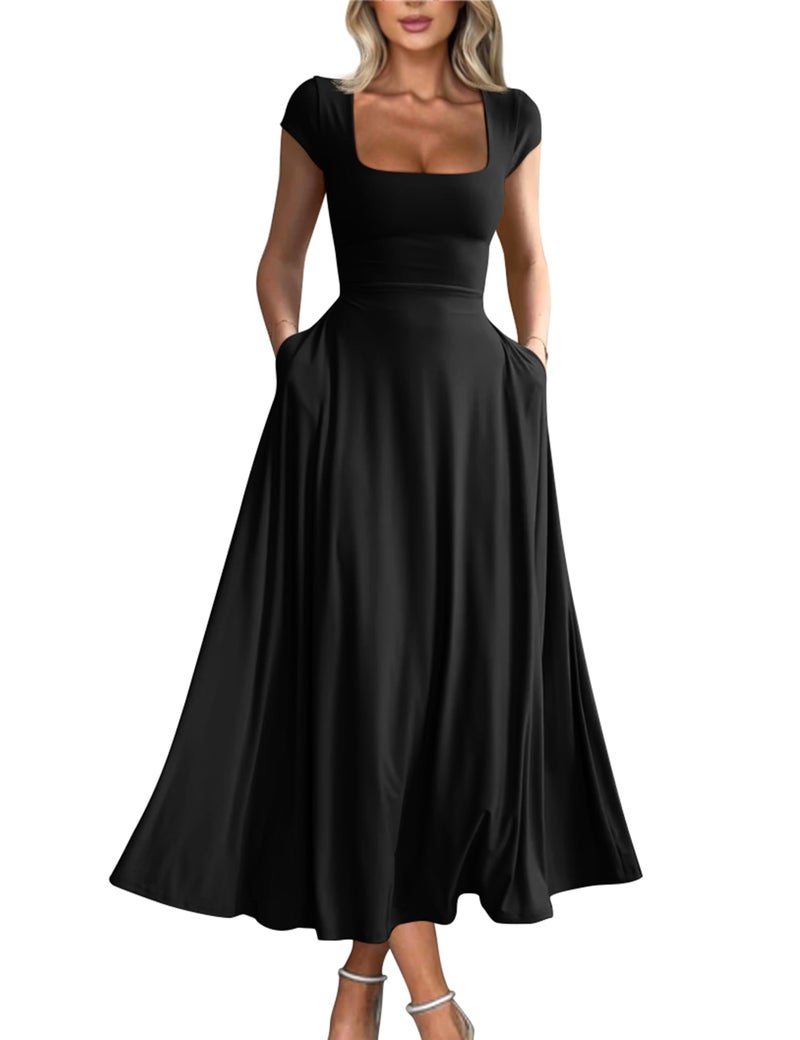 YMDUCH Women's Casual Short Sleeve Square Neck Solid Slim Flowy Maxi Dress with Pockets Black - Image 1