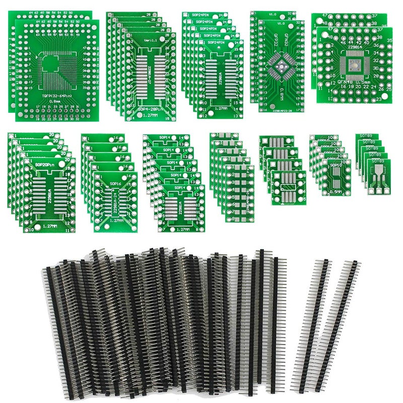 KeeYees 12 Types SMD to DIP Adapter PCB Proto Board Kit SOP8 SOP10 SOP14 SOP16 SOP20 SOP24 SOP28 0402/0603/0805 SMT SOT89/SOT223 TQFP100 QFN32 QFN44/48 with 40pcs 2.54mm Pin Header - Image 1