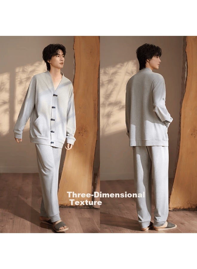Xulen New Chinese Style Men's Spring Autumn Pure Cotton Long Sleeve Waffle Weave National Style Homewear Set - Image 2