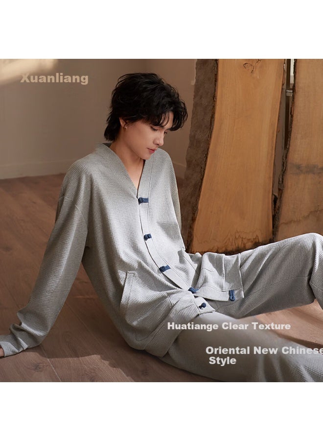 Xulen New Chinese Style Men's Spring Autumn Pure Cotton Long Sleeve Waffle Weave National Style Homewear Set - Image 1