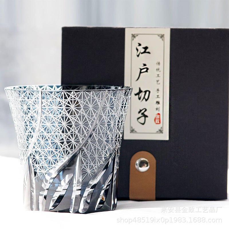 Hand-Carved Edo Kiriko Whisky Glasses Ink red flame 