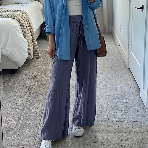 Duyang Womens Cotton Linen Palazzo Pants Drawstring Elastic Waist Casual Wide Leg Trousers with Pockets(Blue,XL) - Image 3