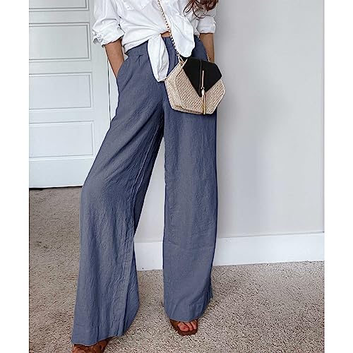 Duyang Womens Cotton Linen Palazzo Pants Drawstring Elastic Waist Casual Wide Leg Trousers with Pockets(Blue,XL) - Image 2
