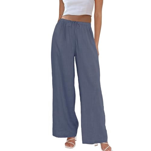 Duyang Womens Cotton Linen Palazzo Pants Drawstring Elastic Waist Casual Wide Leg Trousers with Pockets(Blue,XL) - Image 1