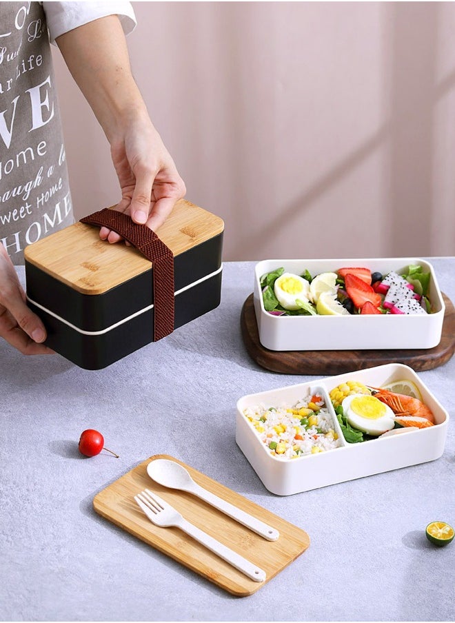 Arabest 1200ml Lunch Box, Double Bamboo Lid Bento Lunch Box, Japanese Bento Box,2 In 1 Compartment Bento Box, Stackable Lunch Container, Suitable For Lunch With Cutlery And Lunch  - Image 2