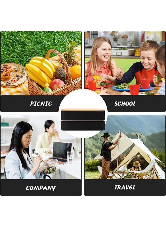 Arabest - 1200ml Lunch Box, Double Bamboo Lid Bento Lunch Box, Japanese Bento Box,2 In 1 Compartment Bento Box, Stackable Lunch Container, Suitable For Lunch With Cutlery And Lunch - Image 1