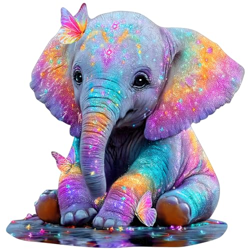 MEATRN Wooden Jigsaw Puzzle Colorful Baby Elephant with Butterflies 491 Pcs 163x167 in Animal Puzzles for Adults Kids Educational Brain Teaser Gift and Home Art Dcor - Image 1