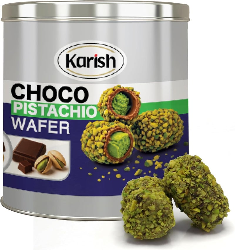 Karish Choco Pistachio Wafer 200g – Crisp Wafer Rolls with Pistachio Cream Center-Premium Chocolate-Coated Snack in Resealable Tin - Image 1