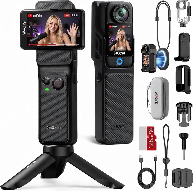 SJCAM C400 Vlogging Creators Combo, with 128GB Card, 4K Pocket Handheld Action Camera, 7H Power, 6-Axis Stabilisation, Waterproof, 2.29'' Touch Screen Travel Video Camera for Recording, Camcorder - Image 1