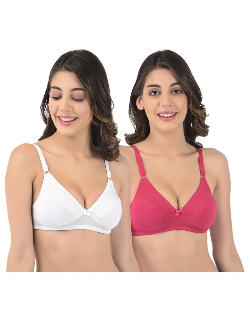 Rupa Softline Women's Cotton Polyester Wire Free Classic Plunge Bra (Pack of 2) (6051_White-Magenta_34) - Image 1