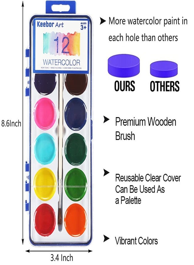Keebor Watercolor Paint Set for Kids, 12 Colors, 24 Pack Washable Water Colors for Party Favors, Gifts, Classroom Supplies (Wood Brushes Included) - Image 2