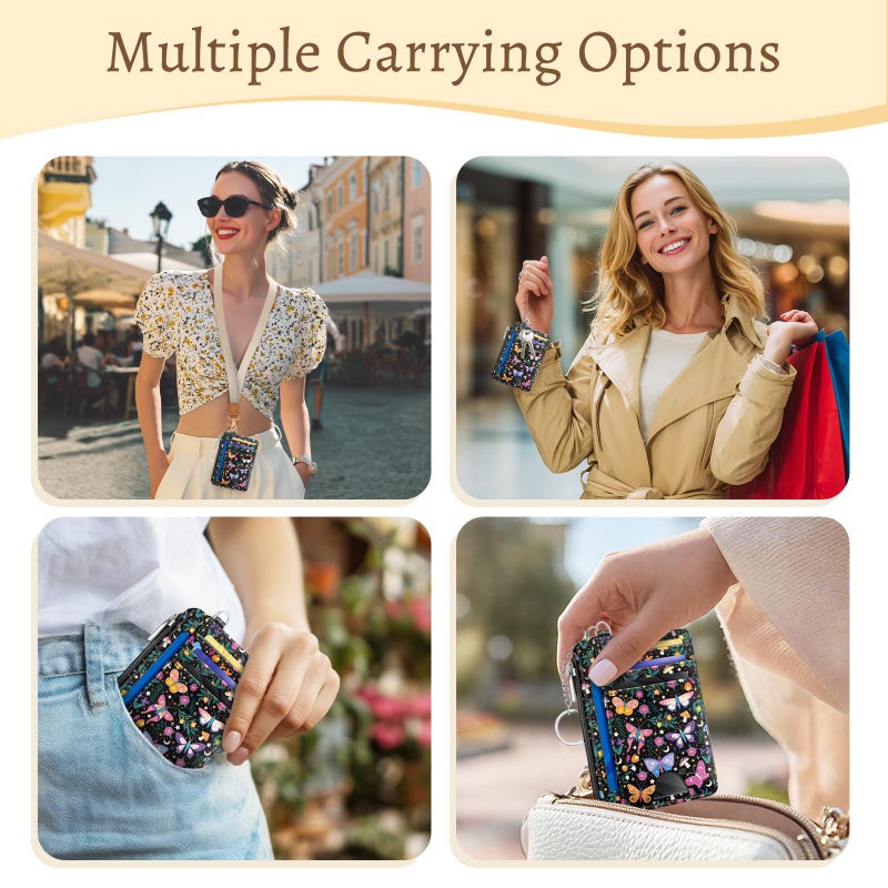 Kelvoris Butterfly Flowers Credit Card Holder Small Wallet Women, Slim RFID Blocking Wallet Woman Keychain with Zipper Coin Pocket, Front Pocket Thin Travel Card Case with ID Window for Ladies Gifts - Image 2