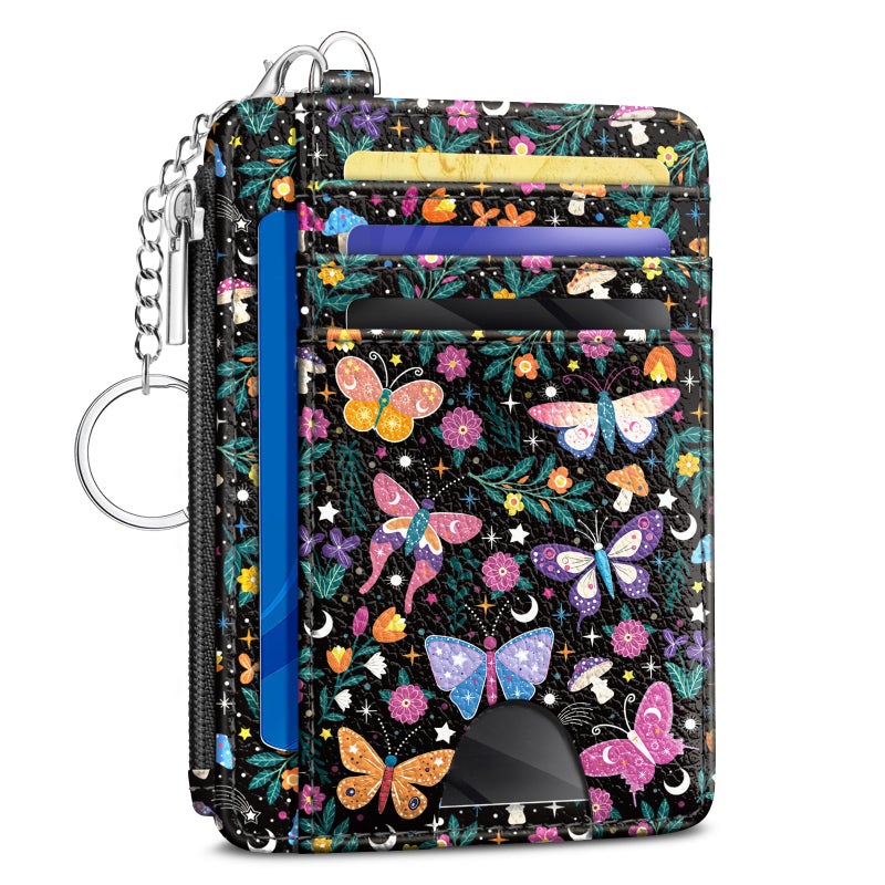 Kelvoris Butterfly Flowers Credit Card Holder Small Wallet Women, Slim RFID Blocking Wallet Woman Keychain with Zipper Coin Pocket, Front Pocket Thin Travel Card Case with ID Window for Ladies Gifts - Image 1