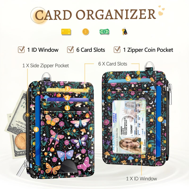 Kelvoris Butterfly Flowers Credit Card Holder Small Wallet Women, Slim RFID Blocking Wallet Woman Keychain with Zipper Coin Pocket, Front Pocket Thin Travel Card Case with ID Window for Ladies Gifts - Image 3