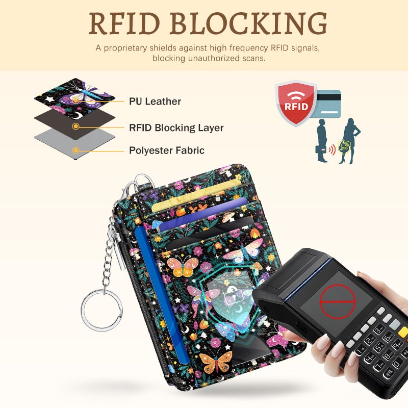Kelvoris Butterfly Flowers Credit Card Holder Small Wallet Women, Slim RFID Blocking Wallet Woman Keychain with Zipper Coin Pocket, Front Pocket Thin Travel Card Case with ID Window for Ladies Gifts - Image 4