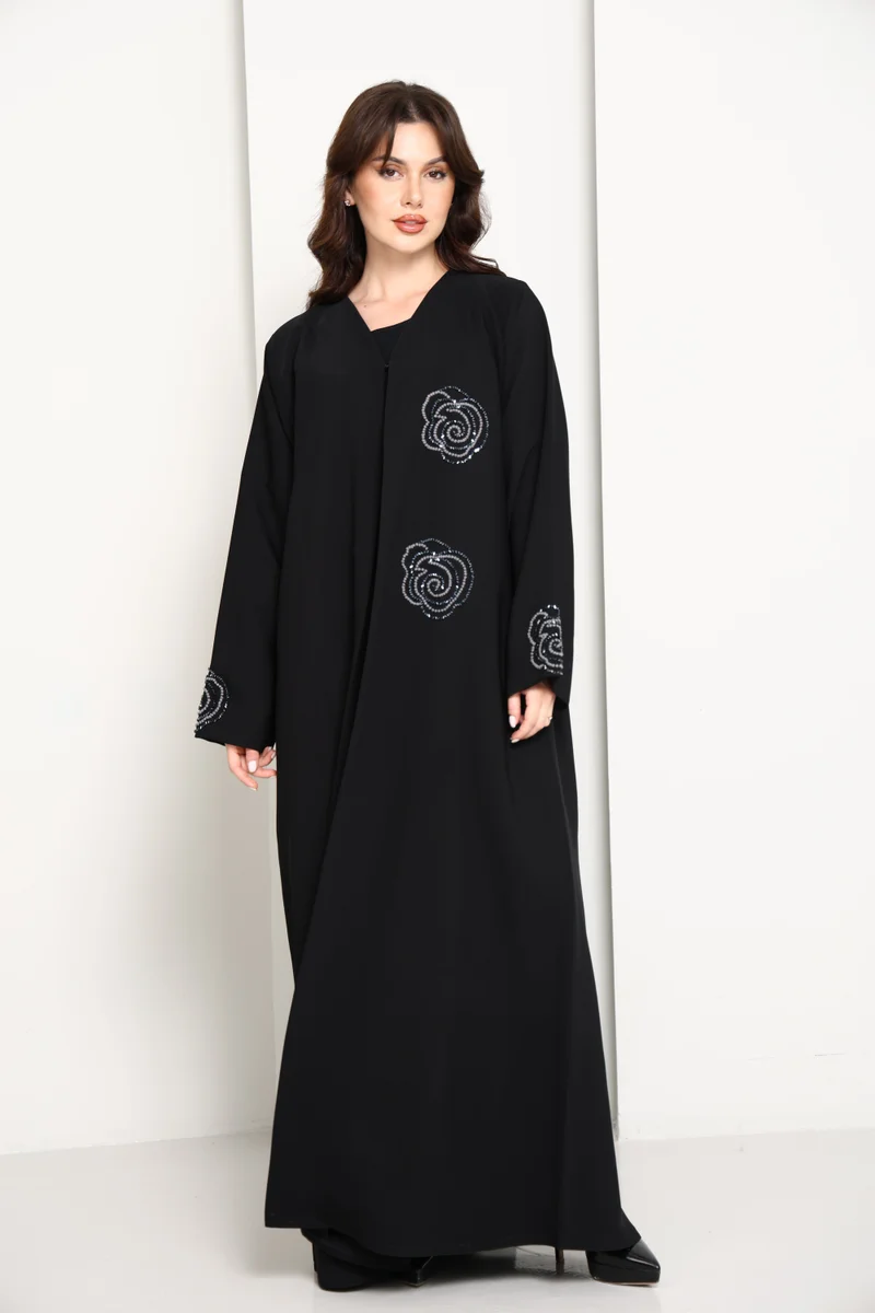 MSquare Fashion Jet Black Abaya with Hand-Placed Crystal Swirls