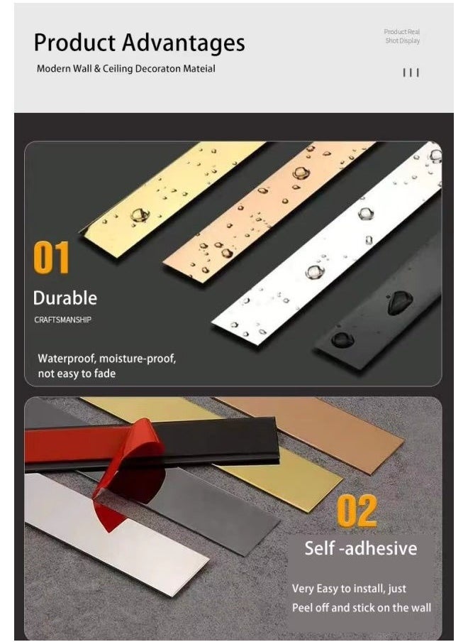 Generic 3 Meter Stainless Steel Flat Decorative Line Wall Sticker Background Wall Ceiling Edge Strip Self-adhesive Decorative    Self-Adhesive Stainless Steel Mirror Decorative Strips - gold Wall Trim, Peel & Stick Metal Frame Border for  Mirror Frame, Wall, Fireplace and Home DIY Decoration  - Image 2
