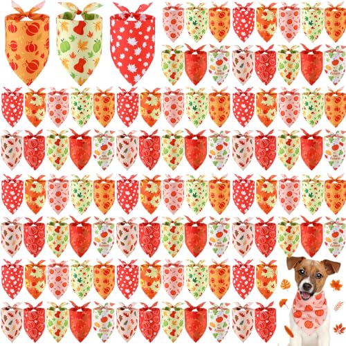 Shyyween 100 Pieces Thanksgiving Fall Dog Bandanas Bulk Maple Leaves Autumn Dogs Bandanas Soft Doggie Bibs Adjustable Triangle Scarves with Pumpkin Patterns for Small Medium Large Pet Costume - Image 1
