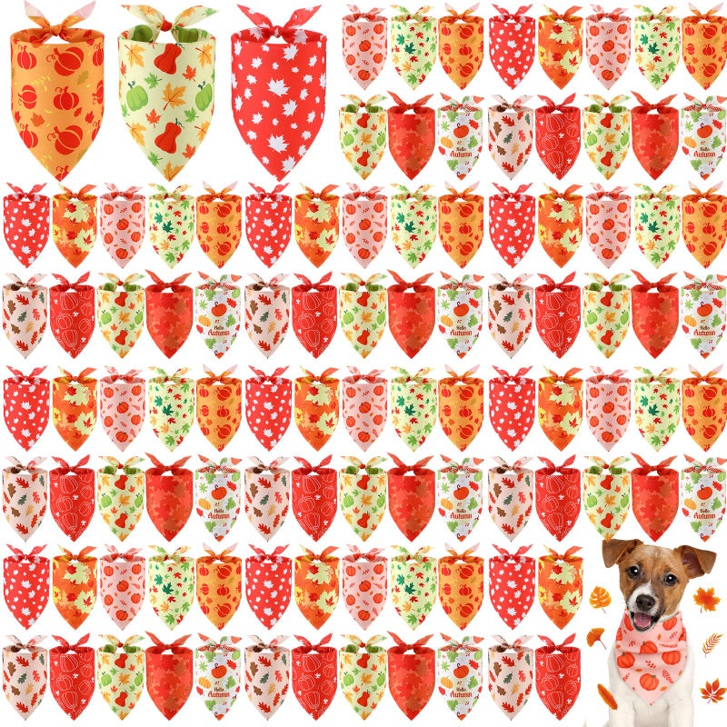 Shyyween 100 Pieces Thanksgiving Fall Dog Bandanas Bulk Maple Leaves Autumn Dogs Bandanas Soft Doggie Bibs Adjustable Triangle Scarves with Pumpkin Patterns for Small Medium Large Pet Costume - Image 2