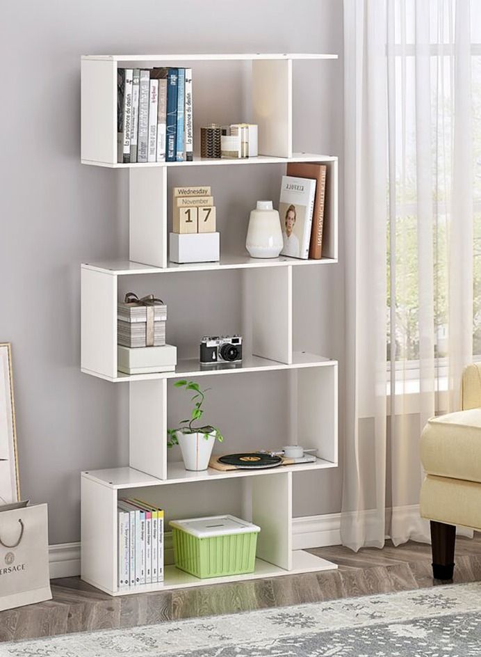 MODERN HOME Modern 5-Tier S-Shaped Bookcase | White Zigzag Geometric Display & Storage Shelf - Image 1