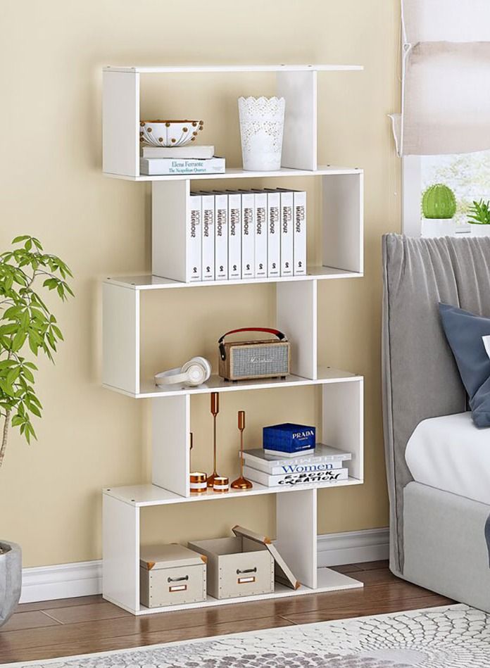 MODERN HOME Modern 5-Tier S-Shaped Bookcase | White Zigzag Geometric Display & Storage Shelf - Image 2