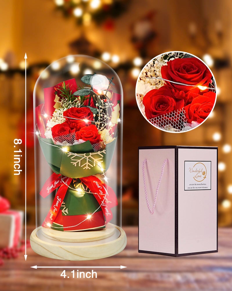 HVY Christmas Day Gifts for Women,Preserved Flowers Bouquet in Glass with LED Light,Flowers Fresh Bouquets for Her,Preserved Rose for Valentine's Day,Anniversary,Birthdays,Red Rose - Image 4