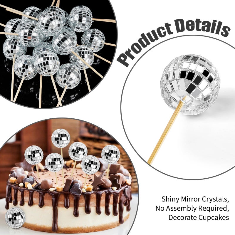 CLUEWR 24 PCS Disco Ball Cupcake Toppers Small Disco Ball Cake تختار 1970s ديسكو ديسكو ديكورات كعكة لعيد الميلاد لصالح - Image 3