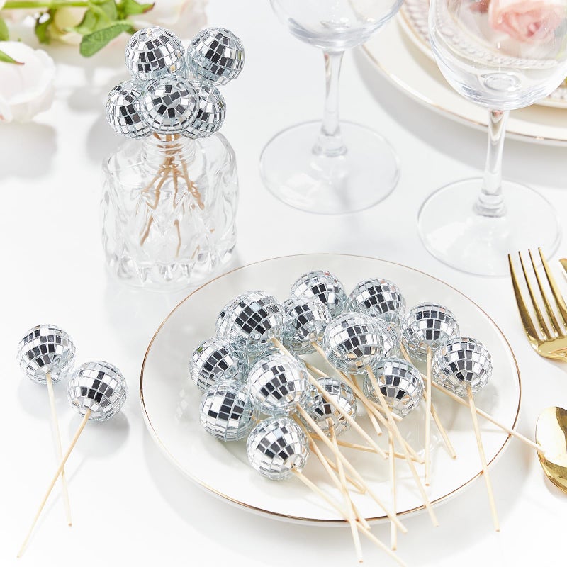 CLUEWR 24 PCS Disco Ball Cupcake Toppers Small Disco Ball Cake تختار 1970s ديسكو ديسكو ديكورات كعكة لعيد الميلاد لصالح - Image 4