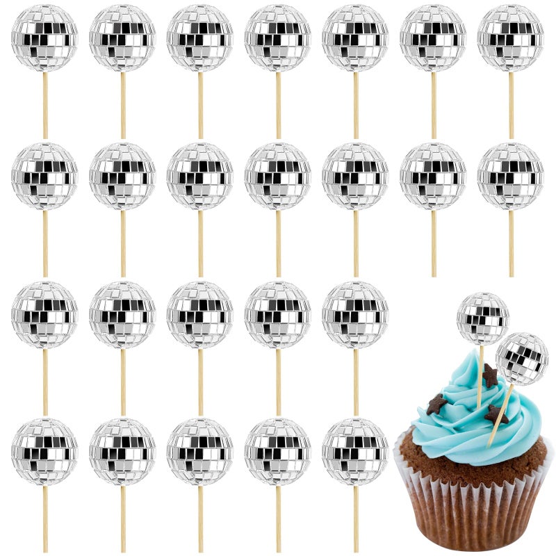 CLUEWR 24 PCS Disco Ball Cupcake Toppers Small Disco Ball Cake تختار 1970s ديسكو ديسكو ديكورات كعكة لعيد الميلاد لصالح - Image 1