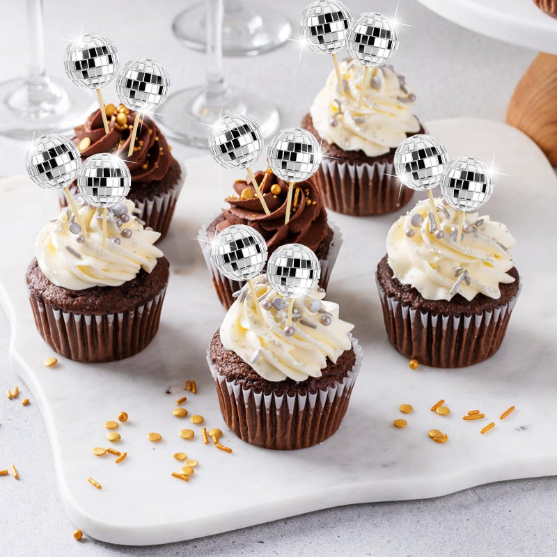 CLUEWR 24 PCS Disco Ball Cupcake Toppers Small Disco Ball Cake تختار 1970s ديسكو ديسكو ديكورات كعكة لعيد الميلاد لصالح - Image 5