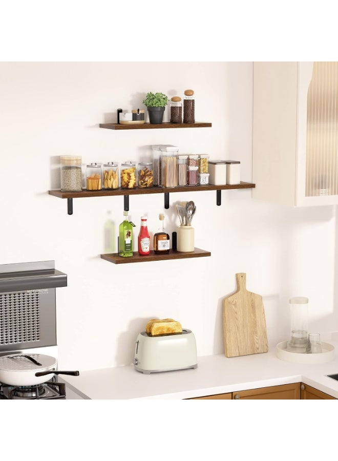 Floating Shelves Wall Mounted Wood Set of 3, Dark Brown with Metal Brackets - Image 2
