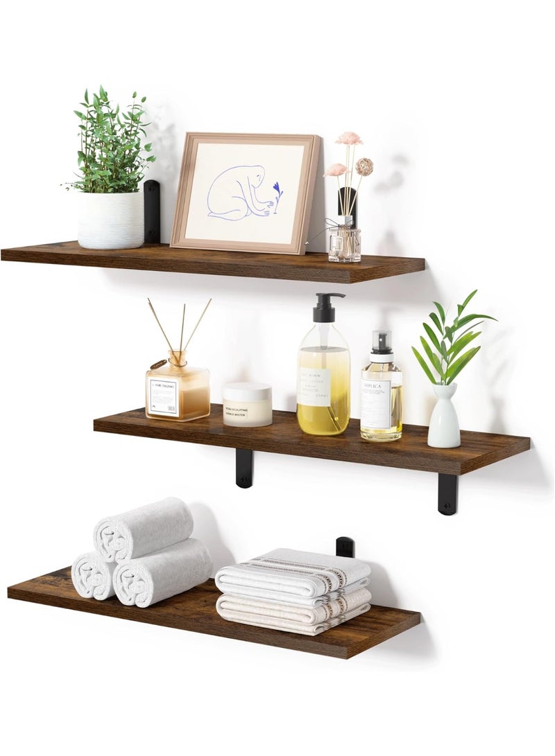 Floating Shelves Wall Mounted Wood Set of 3, Dark Brown with Metal Brackets - Image 1
