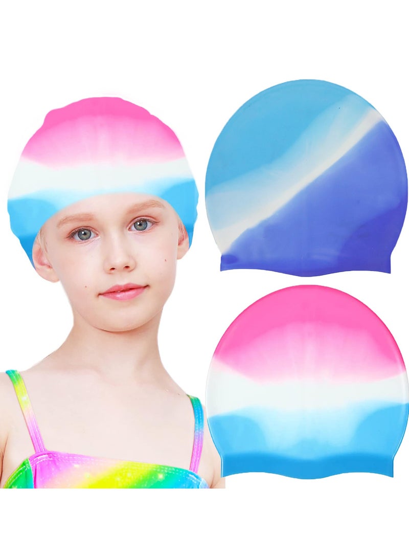 زيريفام قبعة سباحة للأطفال، عبوة من قطعتين من قبعات السباحة المرنة المصنوعة من السيليكون للأولاد والبنات والمراهقين والأطفال الصغار، قبعات سباحة مقاومة للماء للشعر الطويل والقصير للحفاظ على الشعر جافًا - Image 1