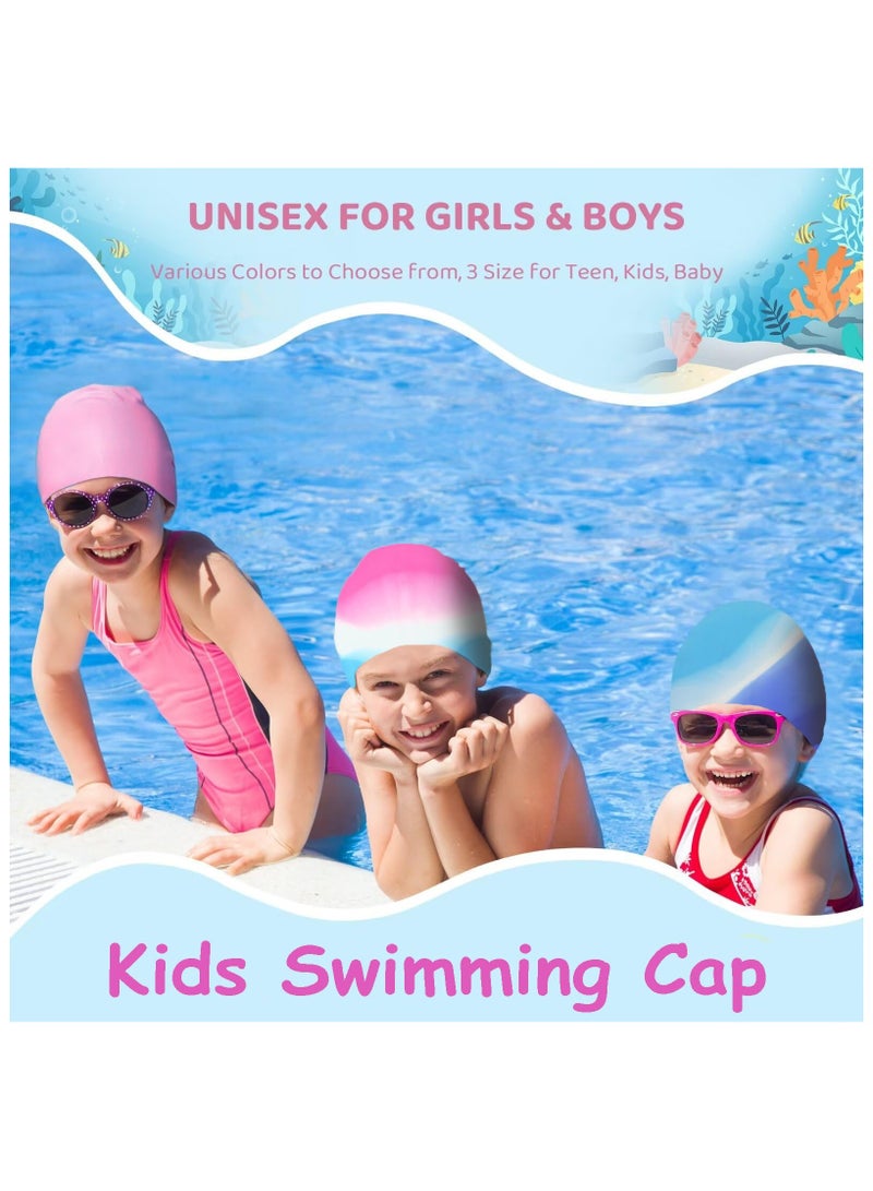 زيريفام قبعة سباحة للأطفال، عبوة من قطعتين من قبعات السباحة المرنة المصنوعة من السيليكون للأولاد والبنات والمراهقين والأطفال الصغار، قبعات سباحة مقاومة للماء للشعر الطويل والقصير للحفاظ على الشعر جافًا - Image 4