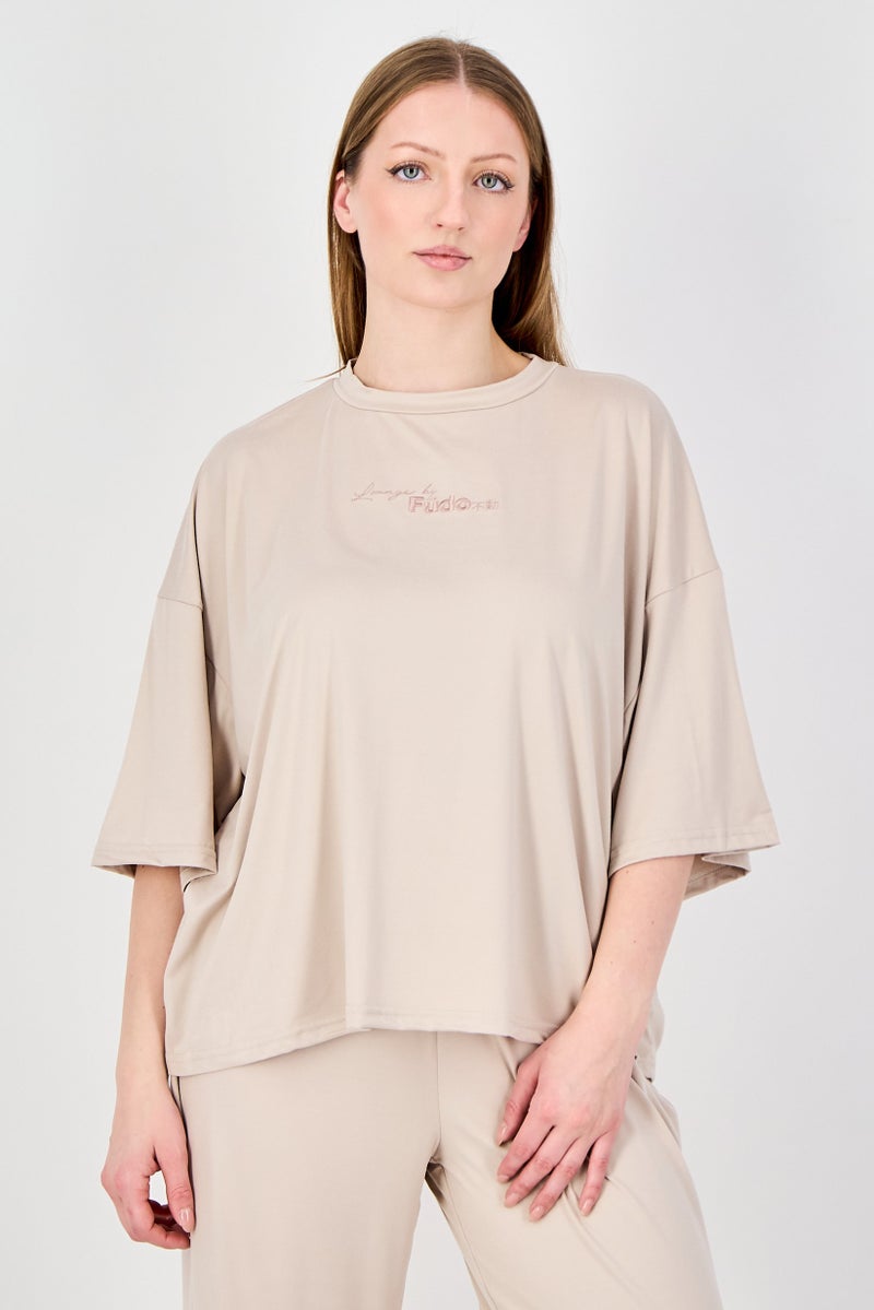 Fudo Women 2Pcs Short Sleeve Top And Bottom Pyjama Set, Beige - Image 2