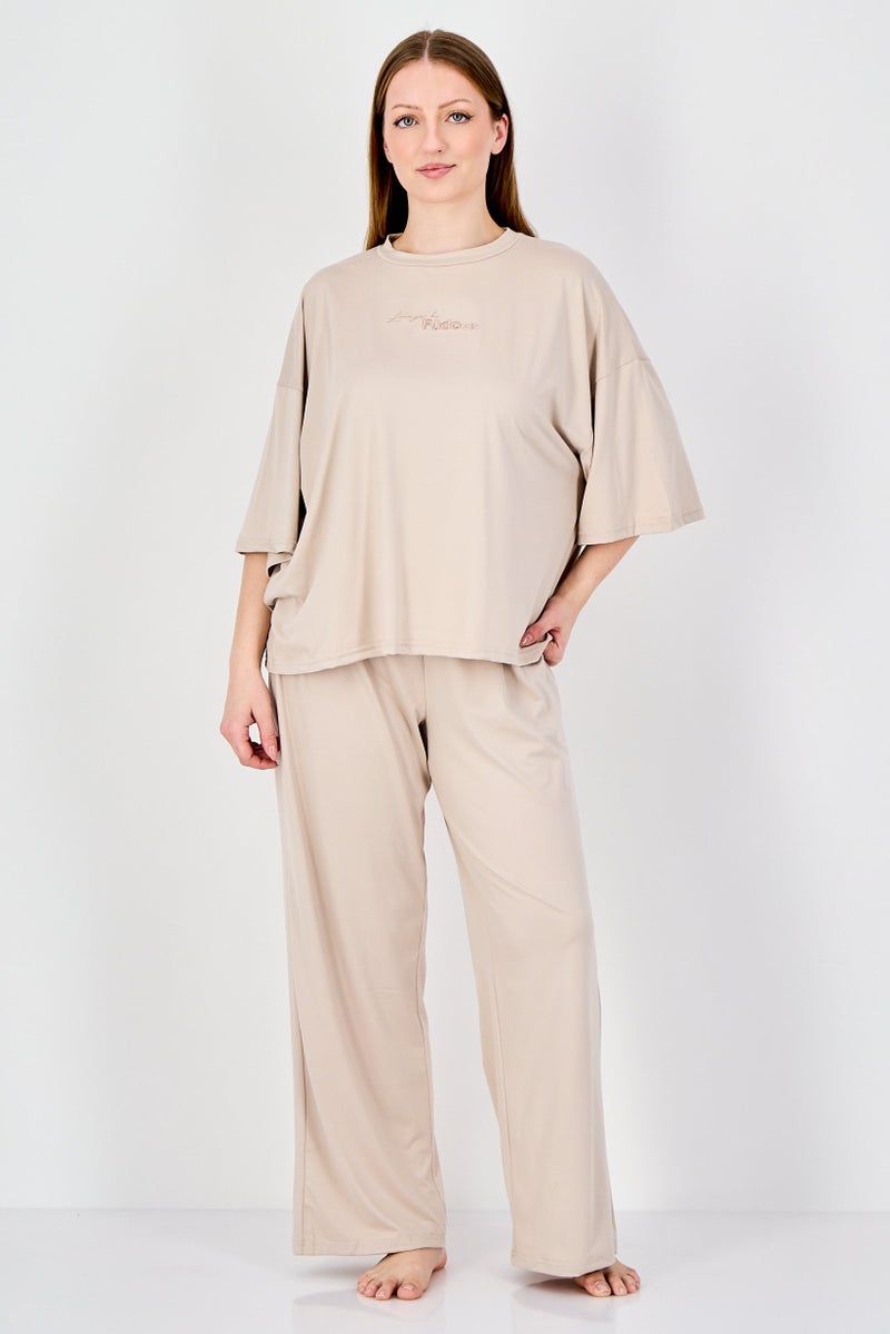 Fudo Women 2Pcs Short Sleeve Top And Bottom Pyjama Set, Beige - Image 1